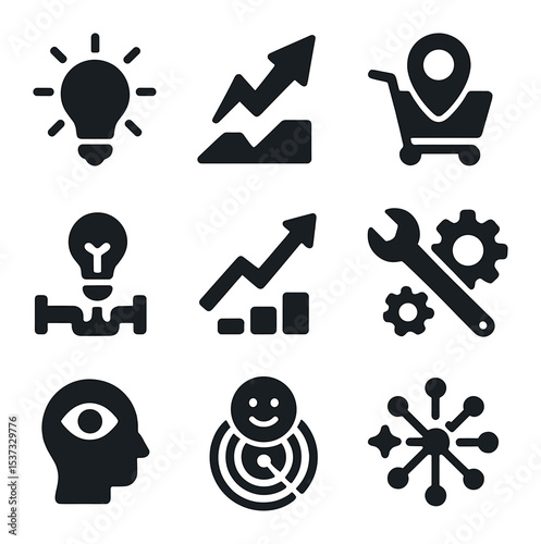 Content Creation Icons. Solid, filled icons set of content creation planning: video storyboard, copy draft,