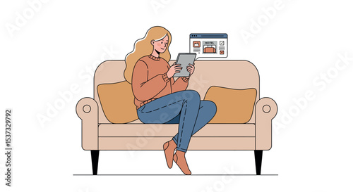 Woman booking hotel online while relaxing on sofa – travel planning and digital technology vector illustration