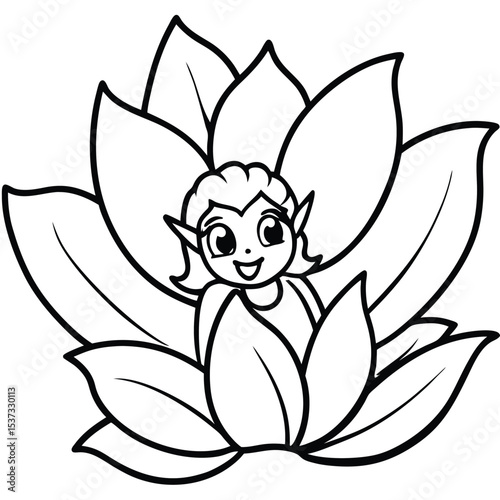 Cute cartoon fairy hiding in a flower