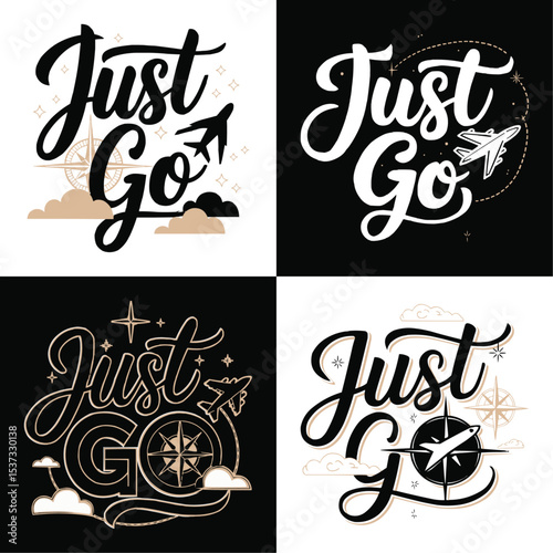"Just Go" Travel and Adventure Motivational Graphic Design with Airplane, Compass, and Clouds for Wanderlust Apparel and Exploration Enthusiasts