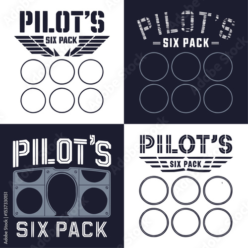 "Pilot's Six Pack" Humorous Aviation Themed Graphic Design for Pilots, Flight Enthusiasts, and Aircrew Apparel – Featuring Wing Emblems and Instrument Panels