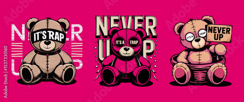 Streetwear Teddy Bear Character Designs with Urban Style and Slogans like "It's Rap" and "Never Up" for Apparel, Merchandise, and Youth Culture Themes