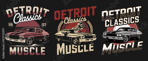 "Detroit Classics Muscle" Car Graphic Design Set with Vintage American Muscle Cars for Automotive Enthusiasts, Apparel, and Retro Merchandise