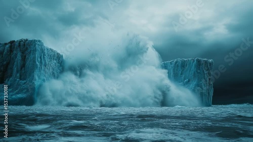 Large iceberg faces a forceful wave under a cloudy dark sky. Powerful ocean water crashes on the ice shelf during a storm.