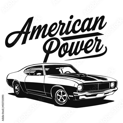 "American Power" Classic Muscle Car Graphic Design with Iconic Vehicle and Retro Typography for Automotive Enthusiasts, Apparel, and Workshop Branding