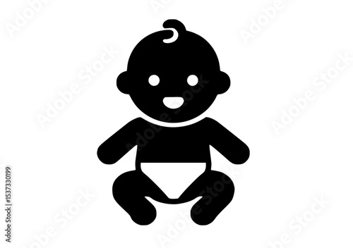 Black silhouette of a cheerful baby sitting, featuring a cute smile and a small curl of hair.
