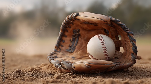 A baseball resting inside a worn leather baseball glove on a dirt field with a blurred background outdoors