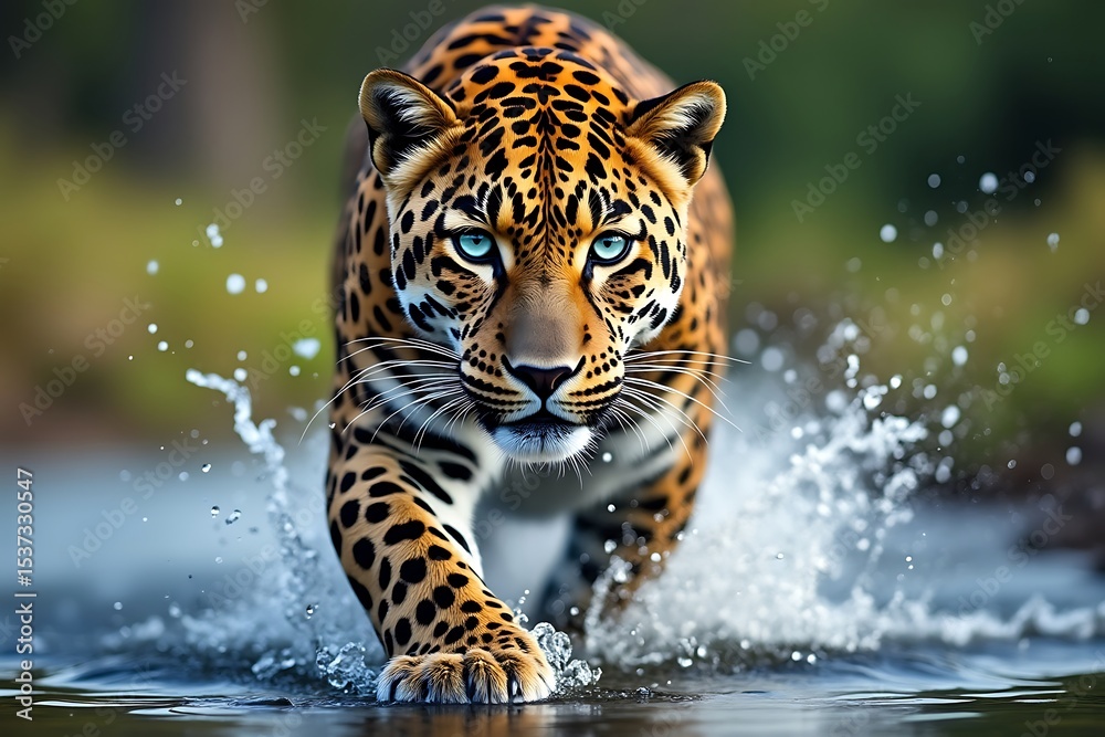 Obraz premium Majestic leopard walking through water stunning blue eyes wild cat