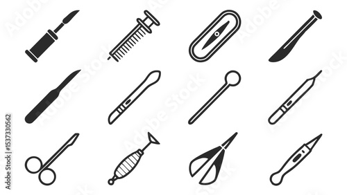 Simple black and white illustration of medical and surgical tools for various procedures