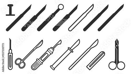 Various silhouetted surgical instruments set isolated on white background for medical illustrations