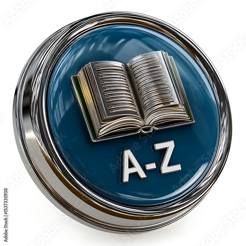 Glossy round icon featuring an open book and A-Z letters, representing knowledge, learning, and exploration in a modern design.