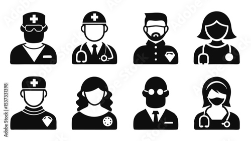 Vector illustrations of medical professionals in black and white suitable for healthcare usage