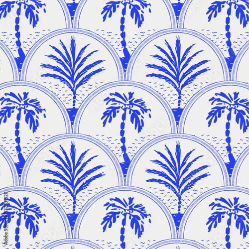 palm tree seamless pattern,  summer, modern blue colour hand drawn element, decoration, seamless cover, print, textile, clothing, fabric, wallpaper, wrapping paper, season pattern, vector
