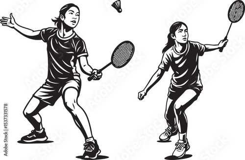 Female Badminton Players Illustration Set