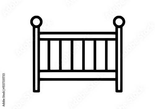 Simple line drawing of a crib with rounded posts and slatted sides, designed for infants' safety and comfort.