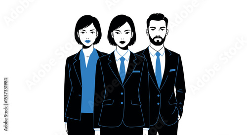 Professional business team concept with three businesspeople in formal attire vector illustration