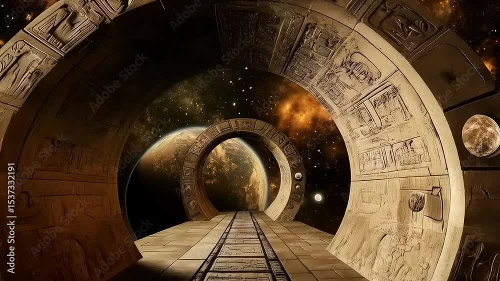 Mystical gateway to another dimension with celestial bodies and ancient runes