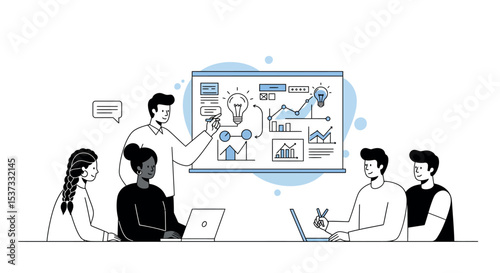 Business presentation meeting with data analysis and team collaboration vector illustration