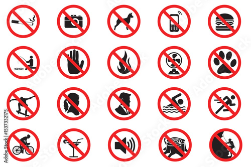 A set of red circles 'Do Not' icons including no smoking, no mobile phone, no pets, no photography, no touch, and no entry. Perfect for safety warnings, public signs, and regulation posters.