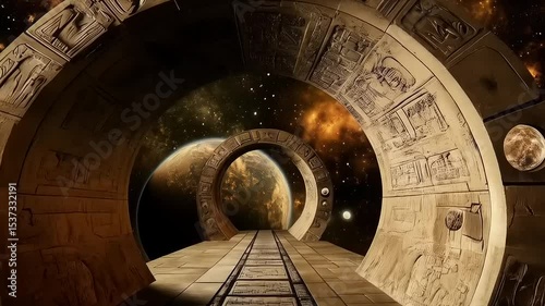 Mystical gateway to another dimension with celestial bodies and ancient runes