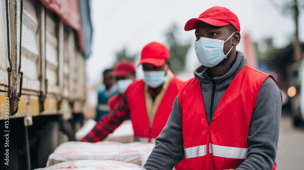 Obraz premium Volunteers in protective masks unloading supplies from truck during relief operation.