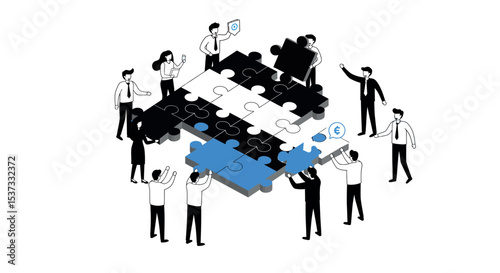 Teamwork collaboration in solving business puzzle concept for creative strategy vector illustration