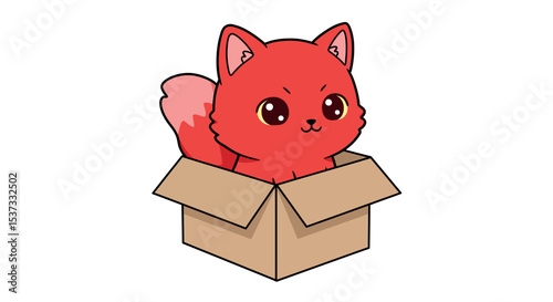 Cute cartoon red fox in cardboard box for design and decoration vector illustration