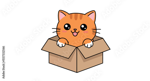 Cute cartoon cat popping out of a box with happy expression vector illustration