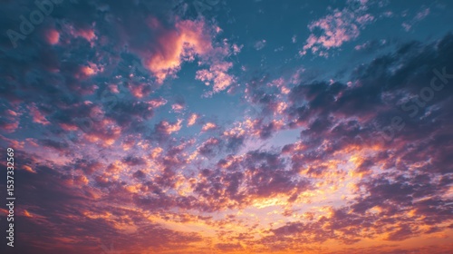 Captivating Colorful Sunset Sky with Gradient Hues of Orange, Pink, and Blue Illuminated by Dappled Clouds, Featuring a Tranquil Scene Perfect for Natural Energy, Meditation