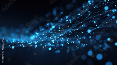 Abstract Background of Glowing Blue Particles Over a Dark Space Resembling a Science Fiction Landscape, Concept of Technology, Innovation, and Science Fields