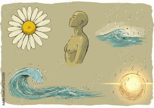 Hand-drawn sketch set of natural wellness icons with flower, breath, and rain