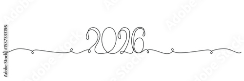 2026 sign - decoration continuous line hand drawing sign for year calendar. Vector stock illustration minimalism design isolated on white background. Editable stroke single line. 