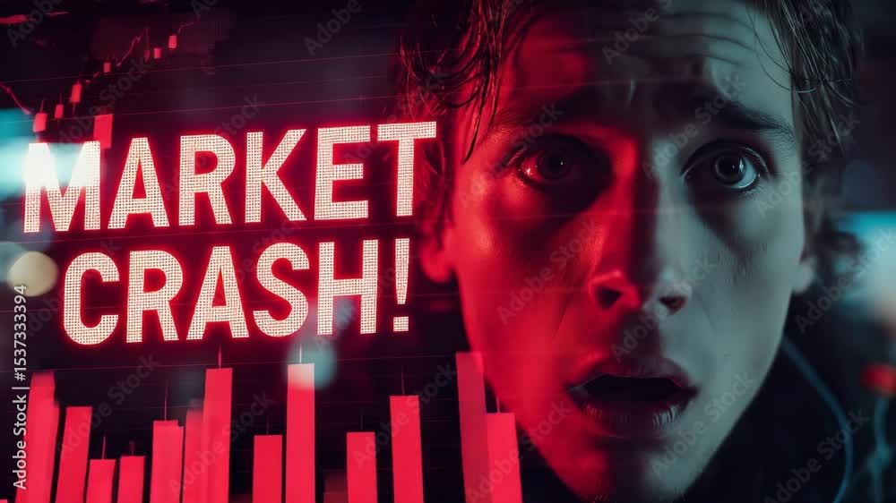 Young man in red light staring at screen with panic while 'Market Crash!' text blinks and charts drop rapidly – dramatic financial crisis motion video for news intros, finance reports, and YouTube