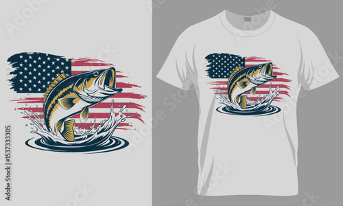 Vintage American Flag Bass Fishing T-Shirt Design | Patriotic Angler with Jumping Fish Vector Illustration