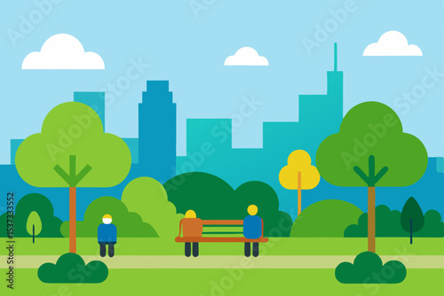 Urban Oasis City Park Illustration Featuring Relaxing People and Lush Greenery