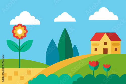 Charming Countryside Scene House, Flower, and Rolling Hills Illustration