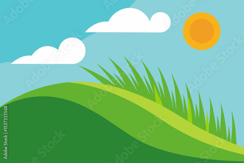 Sunny Day Landscape Rolling Green Hills, Blue Sky, and Fluffy Clouds