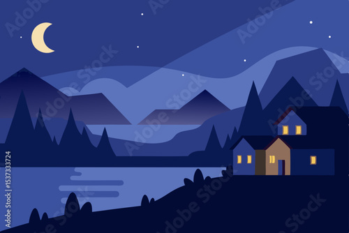 Serene Night Mountain Lake House under Starlit Sky