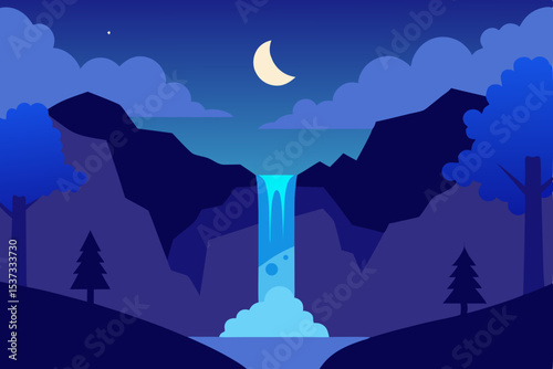 Serene Night Waterfall Mountains, Moon, and Tranquil Nature Scene
