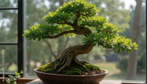 camera slowly orbiting a detailed bonsai tree with mossy base and textured bark.