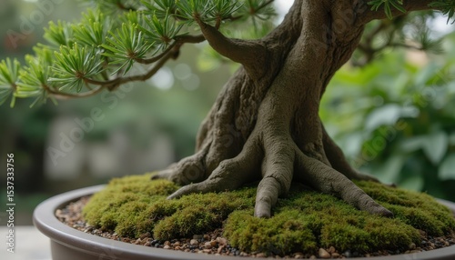 camera slowly orbiting a detailed bonsai tree with mossy base and textured bark.