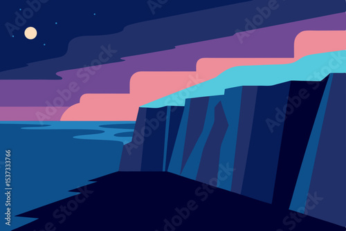 Serene Night Coastal Cliffs Under Moonlight, Ocean Serenity