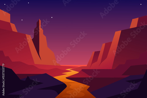 Fiery Sunset Canyon A Nighttime Desert Landscape Illustration
