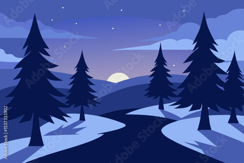 Serene Winter Night Silhouette Landscape of Snow-Covered Hills and Winding Road