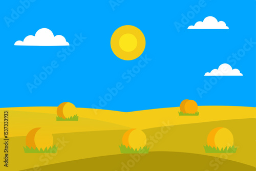 Sunny Hayfield Idyllic Rural Landscape with Golden Hay Bales under a Bright Sun