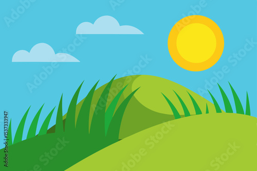 Sunny Day Hills A Vibrant Illustration of Rolling Green Hills under a Bright Sun