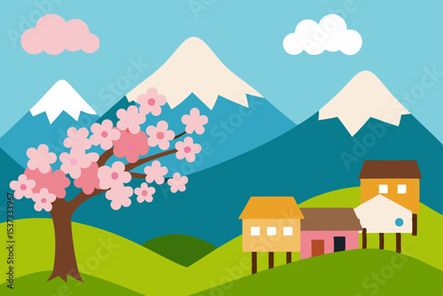 Serene Spring Landscape Cherry Blossoms and Mountain Village