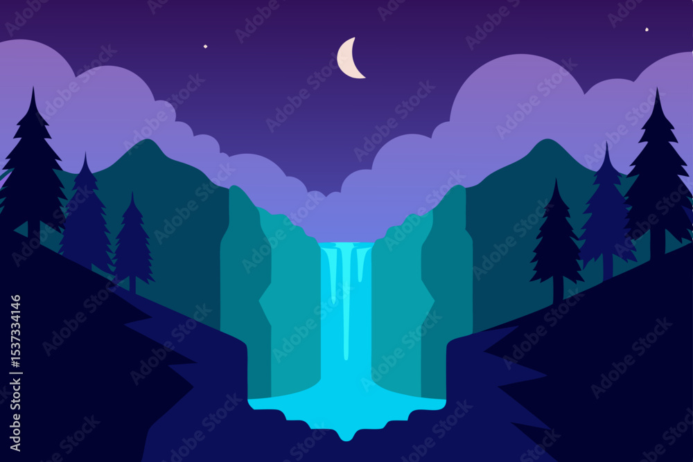 Naklejka premium Serene Night Waterfall A Minimalist Landscape Illustration