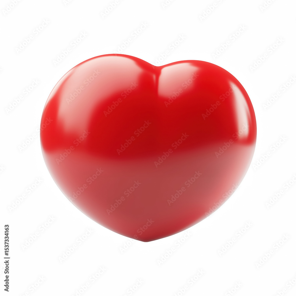 Fototapeta premium Cute 3D red heart with smooth glossy surface and rounded chubby shape, perfect for love or emoji icon, isolated on white background.