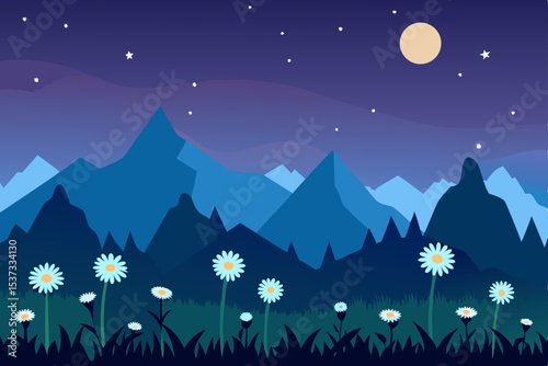 Serene Night in the Mountains Daisy Meadow Under Starlit Sky